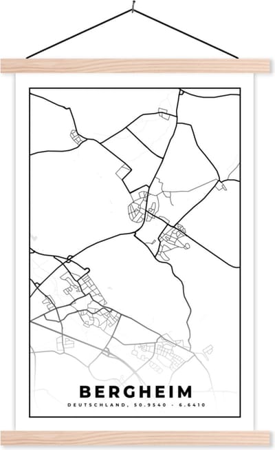 Posterhanger incl. Poster 40x60 cm - Schoolplaat - Kaart - Bergheim - Plattegrond - Stadskaart - Textielposter - Blanke latten - Stadskaart