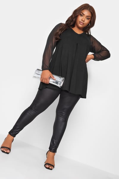Yours Swingtop Met Plooidetail En Mesh Mouwen In Zwart Size 42