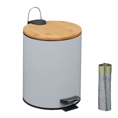 pedaalemmer 5 l - softclose - met vuilniszakken - bamboe deksel - badkamer - grijs