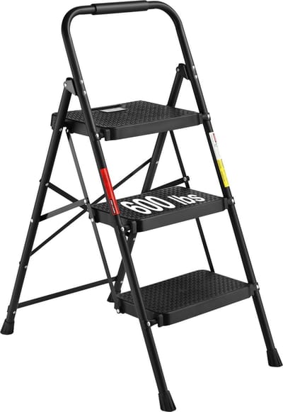 Opstapladder 3 treden opvouwbaar, capaciteit 272 kg - 600 lbs met brede antislippedalen, opvouwbare stalen opstapkruk, sponsstuur, thuis, voorraadkast, binnen en buiten, zwart