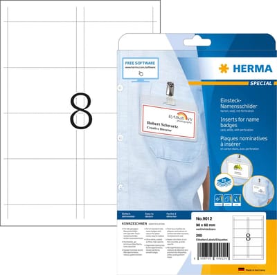 HERMA Special - Nichtklebende perforierte Namensschildetiketten - weiß - 90 x 60 mm 200 Karte(n) (25 Bogen x 8) (9012)