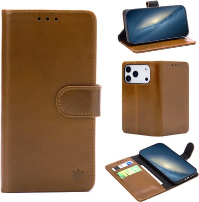 Casemania Echt Leren Hoesje Geschikt voor Apple iPhone 17 Pro - Sienna Brown - Leer Book Cover - Portemonnee Telefoonhoesje met Pasjeshouder