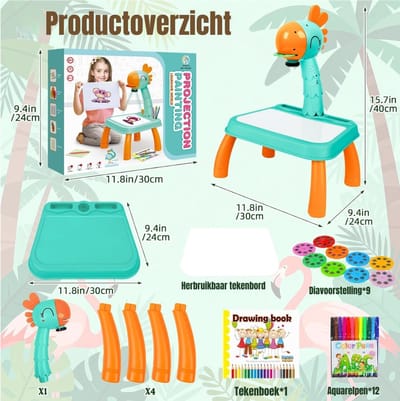Aurixi® Tekenprojector Kinderen - Tekenprojector - Kinder Tekenprojector - met Tafeltje - Groen- 30cm x 25cm x 10cm