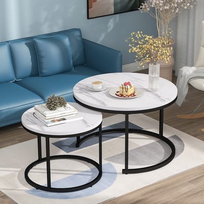 PHOEBE CAT Ronde salontafel - Set van 2 - Nestbare bijzettafels - Marmerlook - Wit