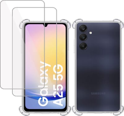 Hoesje + 2x Screenprotector geschikt voor Samsung Galaxy A25 – Tempered Glass - Extreme Shock Case Transparant