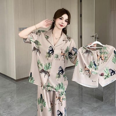 Zomer Dunne IJszijde Pyjama voor Dames High-end Groen Korte Mouwen Broek Driedelig Huiskleding XL gray
