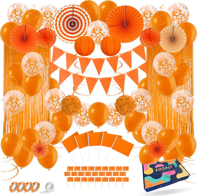 Fissaly 108 Stuks Nederland Oranje Decoratie Set – Feest Verjaardag Versiering met Ballonnen, Vlaggetjes & Slinger – Thema Feest – Ik hou van Holland - WK Voetbal