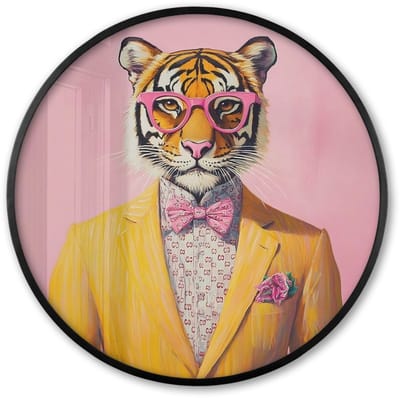 Poster in lijst Rond - Fotolijst 60x60 cm - Posters - Tijger - Bril - Geel - Jasje - Ronde posterlijst zwart - Decoratie - Wanddecoratie woonkamer - Muurdecoratie slaapkamer