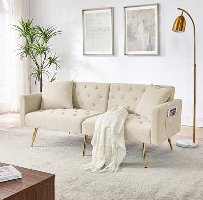 DESMIU Slaapbank 177 x 78 x 74 cm - 3-Standen Verstelbare Rugleuning En 2 Kussens - Voor Woonkamer En Klein Appartement - Velvet - Beige