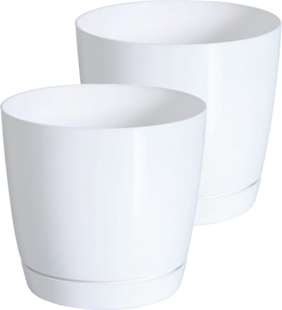 Prosperplast Plantenpot/bloempot met opvangschaal - Set van 2x stuks - kunststof - parel wit D14 x H13 cm - binnen/buiten