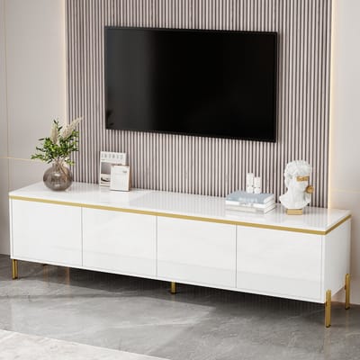 DESMIU Televisiemeubel - Hoogglans Kast Met 4 Deuren En Kabeldoorvoer - Voor Woonkamer En Mediaopslag - Spaanplaat - 170x38x50 Cm - Wit