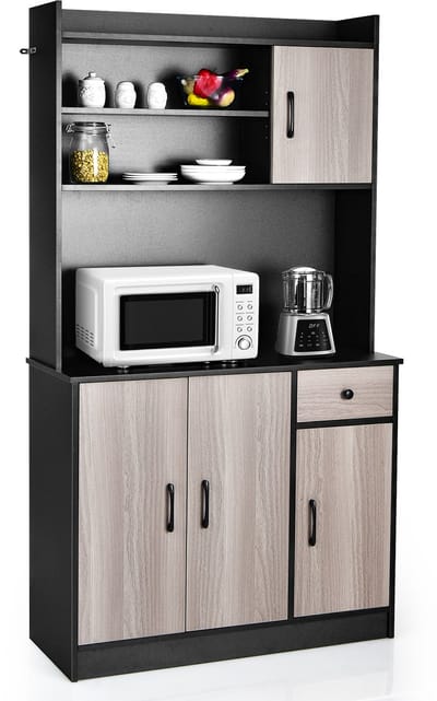 COSTWAY Keukenkast met werkblad, buffetkast met 4 verstelbare planken en kabelopeningen, hoge kast voor keuken, eetkamer, woonkamer, 180 cm, zwart