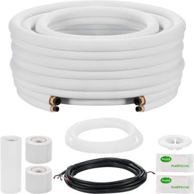 VEVOR koelmiddelleiding van 15,24 m, koperen buis met een buitendiameter van 6,4 en 9,5 mm, PE-geïsoleerde spiraal met flare-moeren, inclusief alle benodigde aansluitingen, voor mini-split airconditioners, HVAC- of warmtepompsystemen.