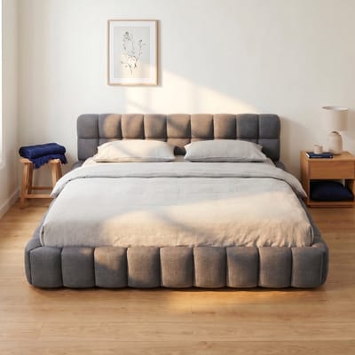 Gestoffeerd tweepersoonsbed 160x200 cm - laag bedframe met matrasinzet - metaal en hout - linnen stof - modern - grijs