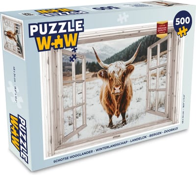 Puzzel Schotse Hooglander - Winterlandschap - Landelijk - Bergen - Doorkijk - Legpuzzel - Puzzel 500 stukjes