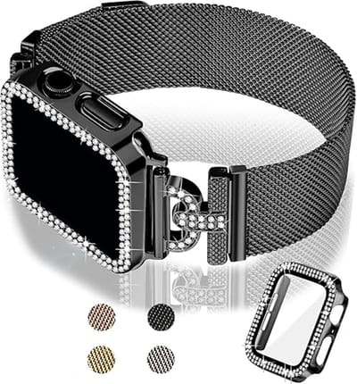 Stravo Slanke Milanese Bandje voor Apple Watch SE (3/2/1) 40mm / Series 6 40mm / Series 5 40mm / Series 4 40mm – Zwart – Elegant Dames Horlogeband met Magnetische Sluiting + Bling Glitter Case Hoesje ( Screenprotector ) - iWatch Bandje