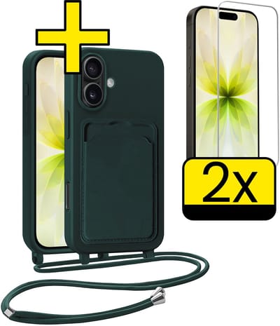 Hoesje Geschikt voor iPhone 17 Telefoonhoesje Met Koord Case Pashouder Met 2x Screenprotector Siliconen - Hoes Geschikt voor iPhone 17 Hoesje Met Kaarthouder - Donkergroen
