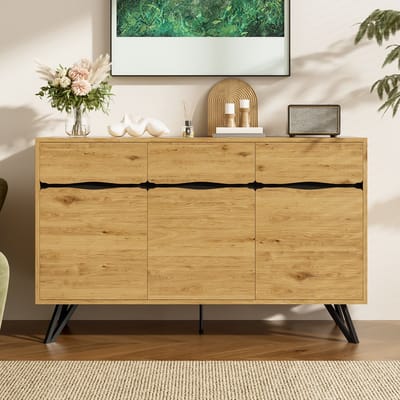 REDOM - Sideboard - 3-Deurs - Houtlook - Modern - Voor Woonkamer - Spaanplaat - Zwart En Houtkleur - 140 X 40 X 75,5 Cm