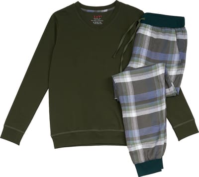La-V pyjama sets voor jongens met geruite flanel broek - Legergroen 140-146
