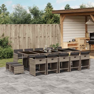 vidaXL - 15-delige - Tuinset - met - kussens - poly - rattan - grijs