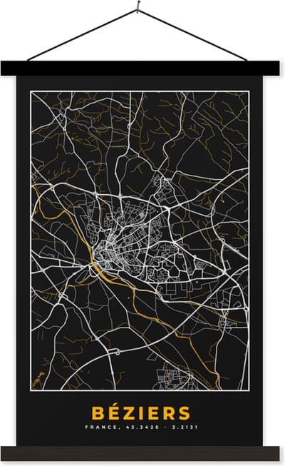 Posterhanger incl. Poster 40x60 cm - Schoolplaat - Béziers – Plattegrond – Frankrijk – Kaart – Stadskaart - Textielposter - Zwarte latten - Stadskaart