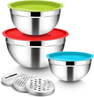 Set van 3 RVS Mengkommen met Kleurrijke Rasppop Accessoires voor Keuken en Bakken