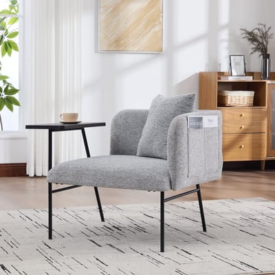 OKWISH Fauteuil 86 x 72 x 71 cm - Met Bijzettafel En Opbergvakken - Voor Woonkamer Of Werkkamer - Chenille - Grijs