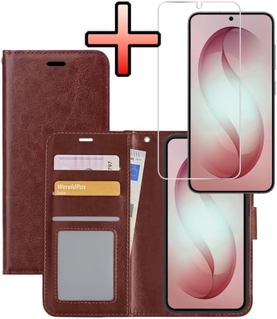Hoesje - Met Screenprotector - Geschikt voor Samsung Galaxy S26 - Luxe Pasjeshouder - Bookcase Portemonee - Flip Case - Kunstleer Book Case - Flipcase - Book Cover - Walletcase - Portemonneehoes - Bruin