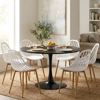 EGGREE eethoek - eettafel met 6 witte stoelen - tafel Ø 100 cm - voor bar - café en eetkamer - zwarte tafel