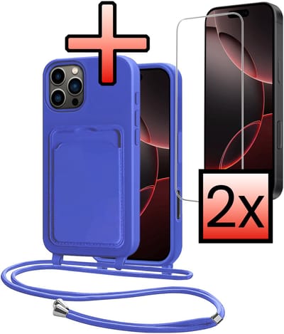 Hoes Geschikt voor iPhone 16 Pro Hoesje Pasjeshouder Cover Met Koord Case Siliconen Hoes Met Telefoonkoord en Kaarthouder Met 2x Screenprotector - Felblauw