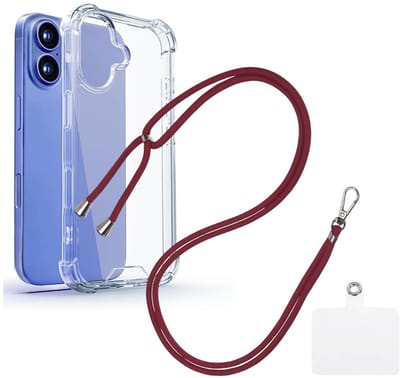 Shock Proof Case Hoes Geschikt voor iPhone 16 Plus Hoesje Transparant Met universele Telefoonkoord bordeaux - Cover - Nek Hanger - Koord Hoes