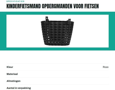 Dailygoods- Kinderfietsmand Hoogwaardige Kunststof - Opbergmand - Hol Ontwerp - Bevestigingsbanden - Slagvast - Slijtvast 21 x 12 x 14 cm - Fietsmandje