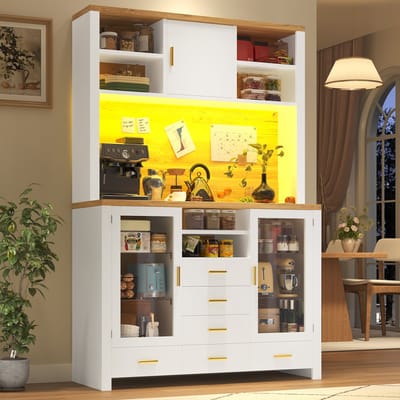 MODENUIT Buffetkast - LED Verlichting En Opbergruimte - Voor Keuken En Woonkamer - MDF En Glas - 120x40x188 Cm