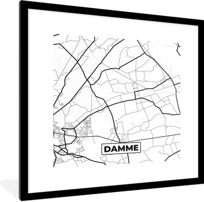 Fotolijst incl. Poster Zwart Wit- België – Damme – Stadskaart – Kaart – Zwart Wit – Plattegrond - 40x40 cm - Posterlijst