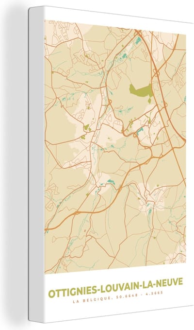 Canvas Schilderij Stadskaart - België - Ottignies-Louvain-la-Neuve - Kaart - Plattegrond - 20x30 cm - Wanddecoratie