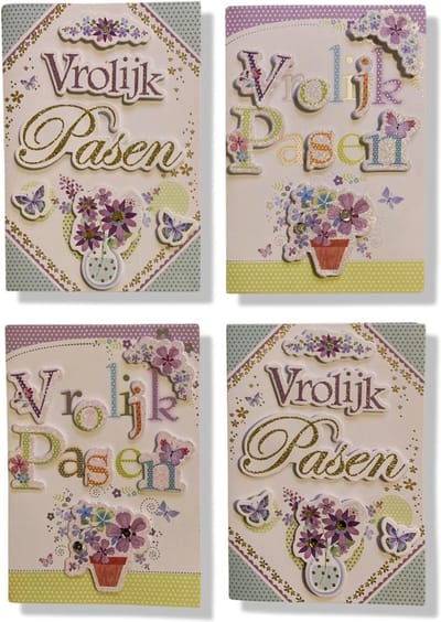 4 Luxe Paaskaarten Vrolijk Pasen Wenskaarten - 12x17cm - 3D Bloemen