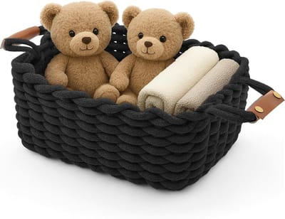gevlochten, wasbaar en opvouwbaar, mandje met leren handgrepen, opbergdoos, ideaal voor accessoires, cosmetica, badkamer