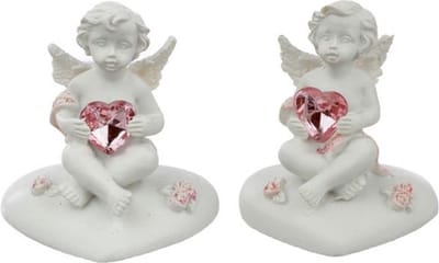 Set van 2 engelen Cherubijnen op Hart met roze hartje in de handen
