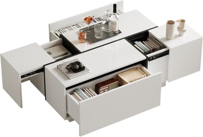 MODFU Salontafel 100x60x40 cm van spaanplaat, wit met zwarte accenten, hoogglans bovenblad, 4 lades