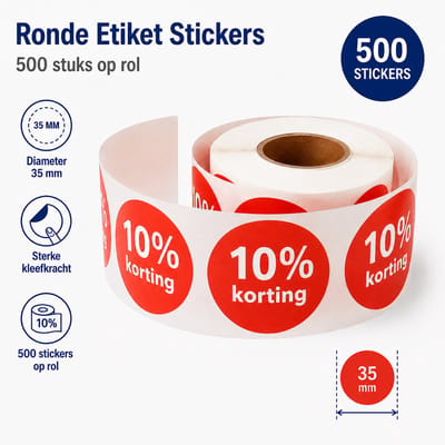 10% Korting Stickers 35 mm - 500 stuks op Rol - Kortingsstickers Afprijs Promotie Sticker - Dappaz