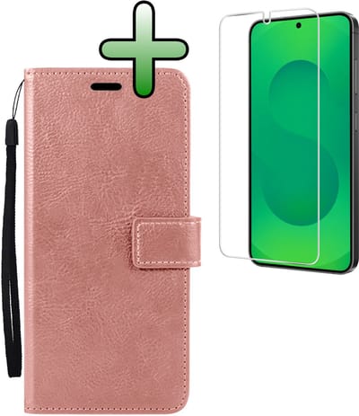 Hoesje Met Screenprotector - Geschikt voor Samsung Galaxy S25 Edge - Luxe Pasjeshouder - Bookcase Portemonee - Flip Case - Kunstleer Book Case - Flipcase - Book Cover - Walletcase - Portemonneehoes - Rosé goud