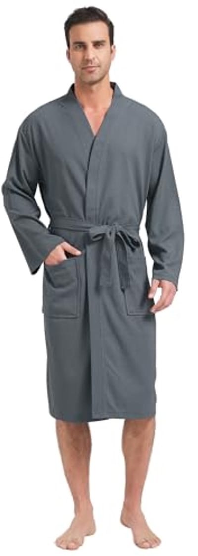 Lichte knielange kimono badjas voor heren - Wafelpique zomerbadjas