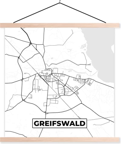 Posterhanger incl. Poster 40x40 cm - Schoolplaat - Plattegrond - Kaart - Greifswald - Stadskaart - Textielposter - Blanke latten - Stadskaart
