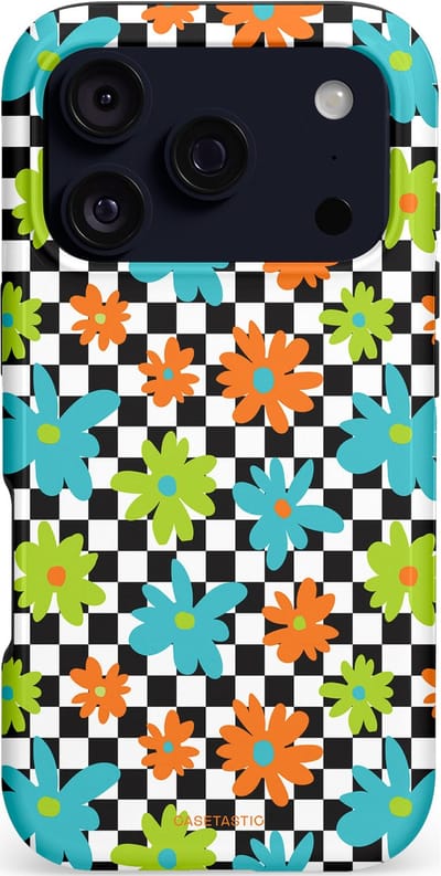 Casetastic hoesje geschikt voor Apple iPhone 17 Pro - MagSafe - Dubbellaagse bescherming - Retro Bloem Power - Fashion Case - Zwart Turquoise Grijs Wit