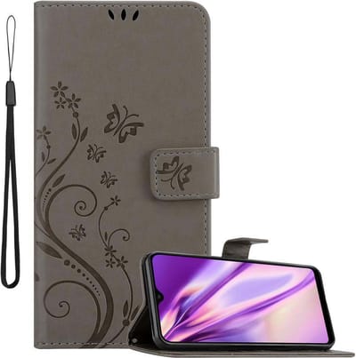 Cadorabo Hoesje geschikt voor Samsung Galaxy M20 in BLOEMEN GRIJS - Beschermhoes in bloemmotief met magnetische sluiting, standfunctie en kaartsleuven Book Case Cover Etui