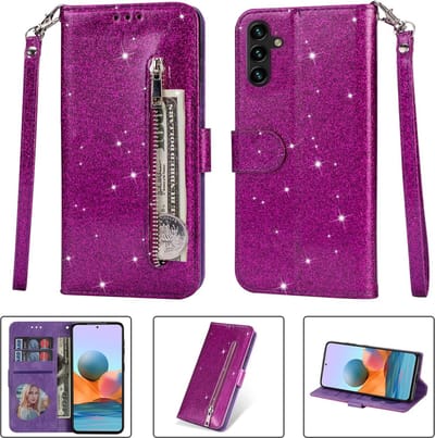 Portemonnee Hoesje - Wallet Case - Rits Sparkly Glitter - Telefoonhoes met Kord Geschikt voor: Samsung Galaxy S23 - Paars
