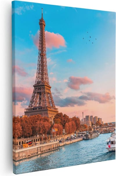 Artaza Canvas Schilderij Parijs - 40x50 cm - Wanddecoratie Eiffeltoren - Muurdecoratie Boot - Kamer Accessoires Frankrijk