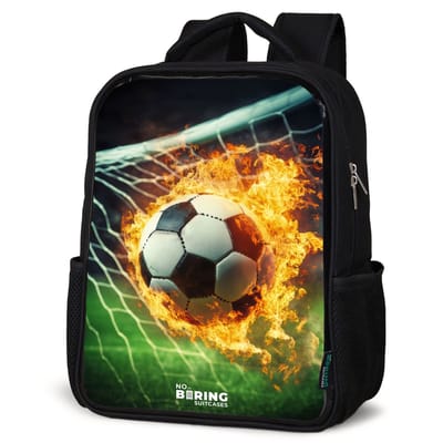 NoBoringSuitcases.com® - Rugzak zwart - Schooltas jongen & meisje - Vuurvoetbal in doelnet vastgelegd - Rugtas voor school - Boekentas kind - Schoolrugzak - Kinderrugzak