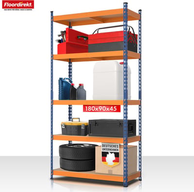 FLOORDIREKT Stellingen voor Zwaar Gebruik Rhino - Opbergrekken met 5 Legplanken - 1050 kg Draagvermogen - Innovatief Insteeksysteem - Blauw-Oranje - 180 x 90 x 45 cm