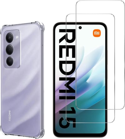 Hoesje geschikt voor Xiaomi Redmi 15 4G / 5G backcover Shockproof siliconen Transparant en 2 stuks Screenprotector Gehard Glas